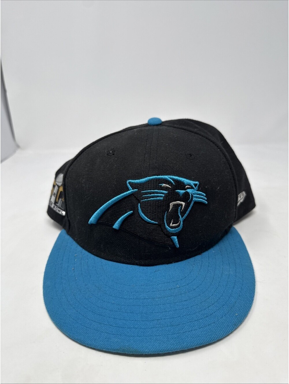 CAROLINA PANTHERS Hat Black Fitted 7 1/2 Logo Embroidered New Era Super Bowl